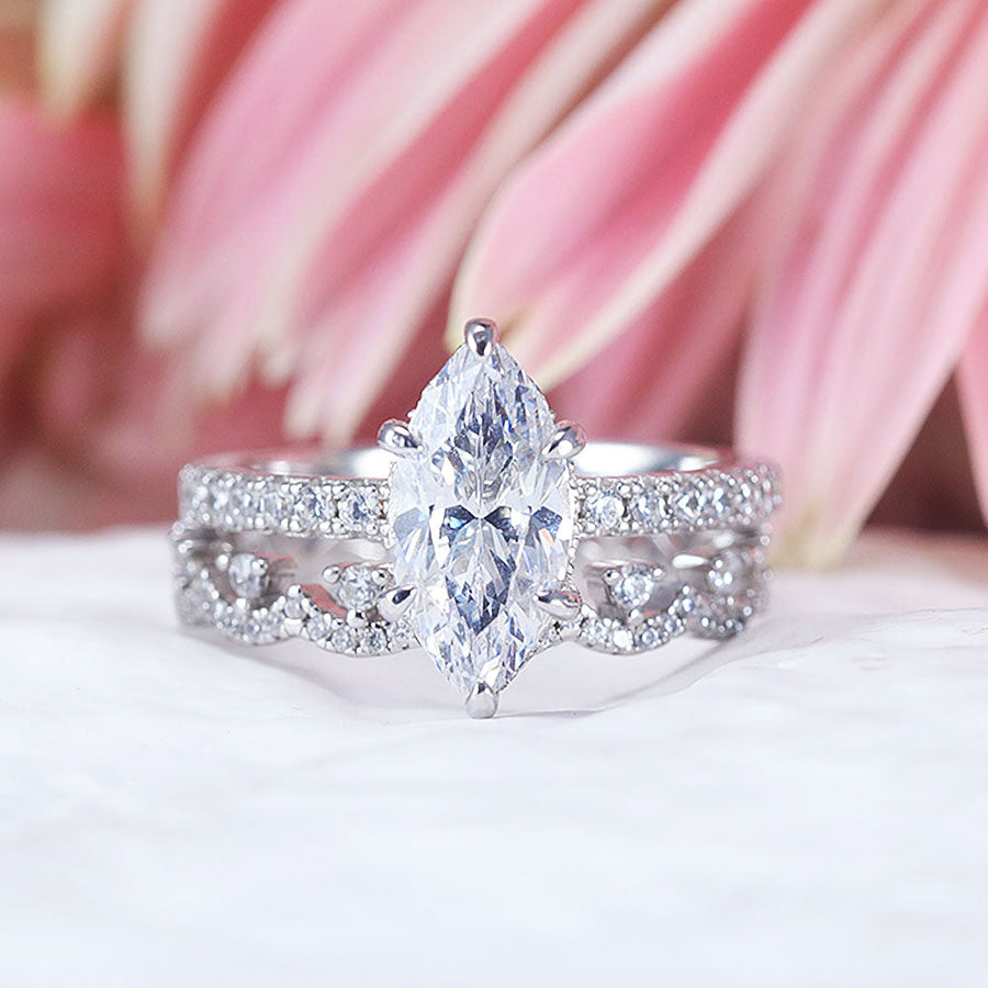 Vintage 2pcs Marquise Cut Sterling Silver Ring Set with Lace Band Shine of Diamond