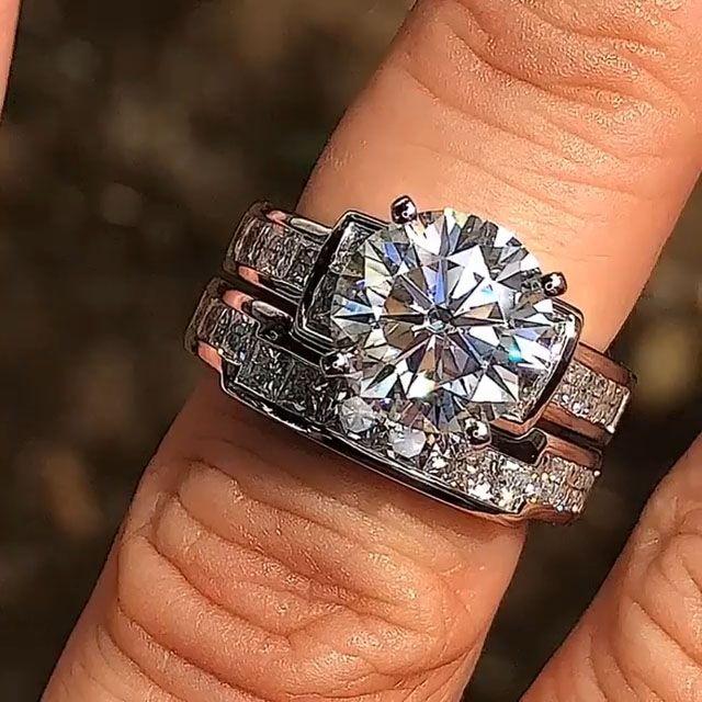 Round Cut Bridal Set Ring with Princess Side Stones Shineofdiamond