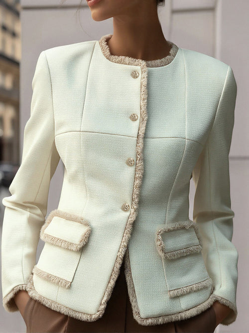 Elegant Cream Textured Blazer With Decorative Trim SN