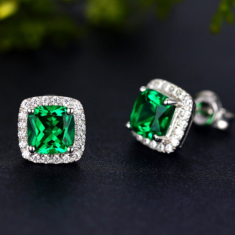 Retro Emeralds Cut Halo Stud Earrings in 18K Platinum Plated Sterling Silver shine of diamond