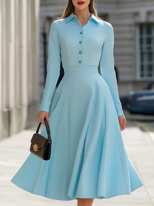 Sky Blue Shirt Collar Fit-and-Flare Dress SN