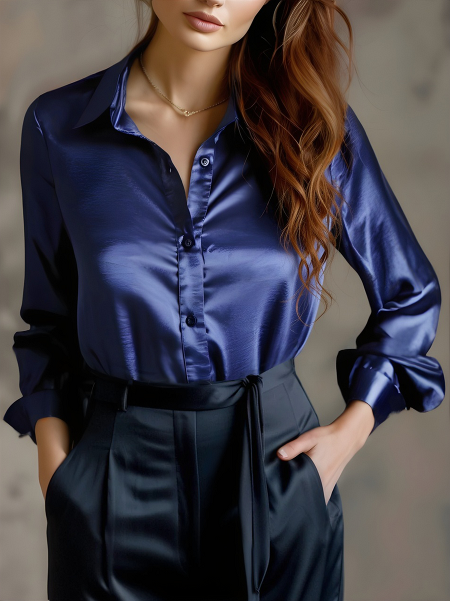 Elegant Black Satin Long Sleeves Blouse ZJ