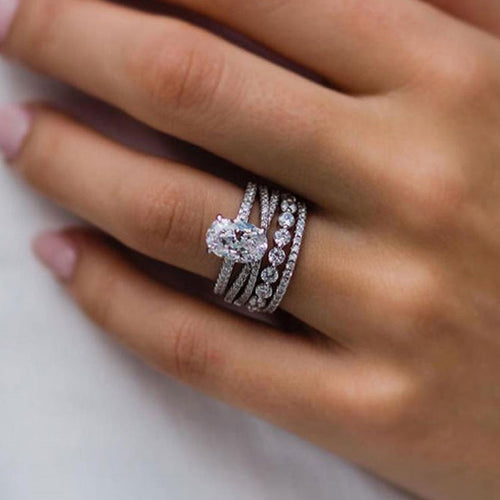 4PCS Elegant Oval Cut Wedding Bridal Set In Sterling Silver Shineofdiamond