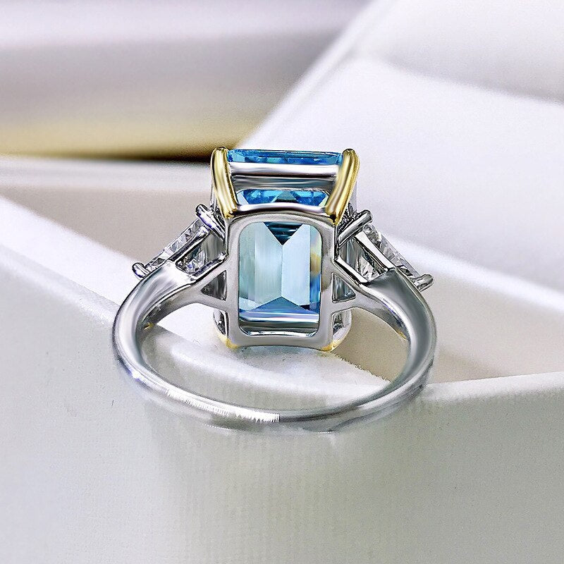 Emerald Cut Sky Blue Gemstone Three Stone Sterling Silver Engagement Ring Shineofdiamond