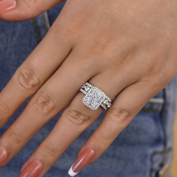 3PC Gorgeous Halo Radiant Cut Bridal Set In Sterling Silver Shineofidamond