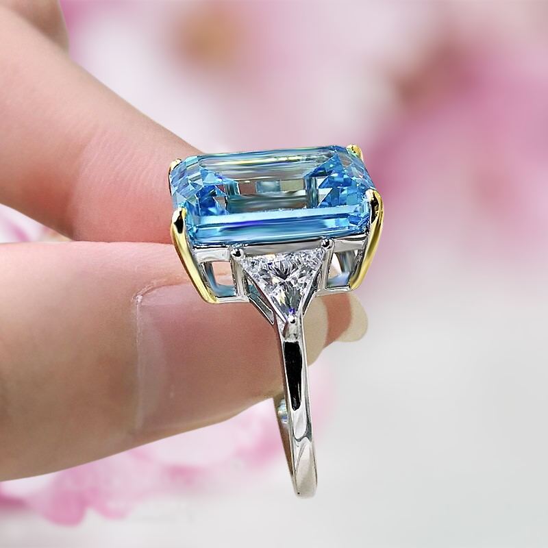 Emerald Cut Sky Blue Gemstone Three Stone Sterling Silver Engagement Ring Shineofdiamond