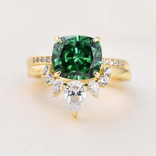 Luxurious Golden Tone Cushion Cut Emerald Green Bridal Set Sterling Silver Shineofdiamond