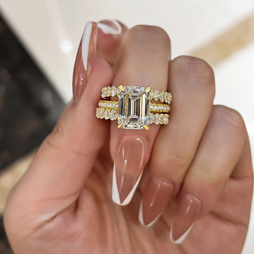 3PC Golden Tone Emerald Cut Wedding Bridal Set In Sterling Silver Shineofdiamond