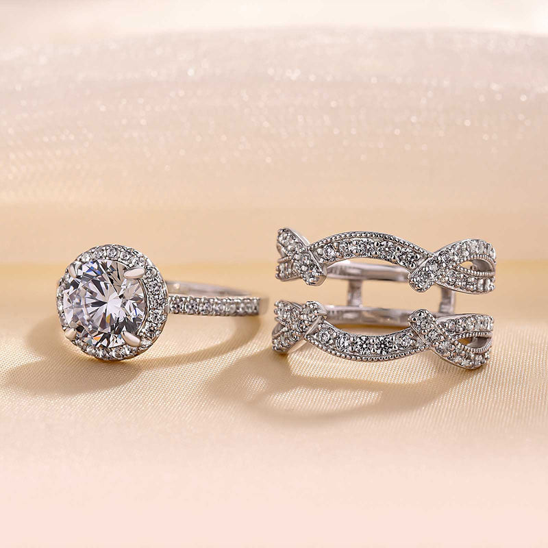 Halo Round Cut Insert Wedding Bridal Set In Sterling Silver Shineofidamond