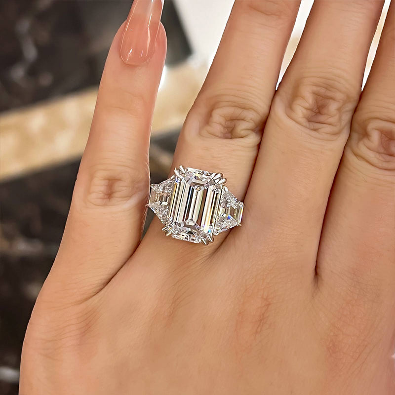 Gorgeous Emerald Cut Three Stone Engagement Ring In Sterling Silver Shineofdiamond