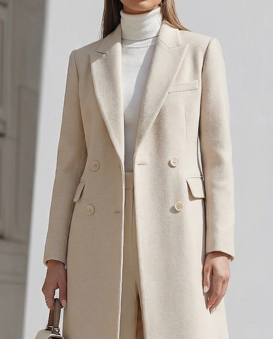 Elegant Cream Longline Blazer And Wide - Leg Pants Set