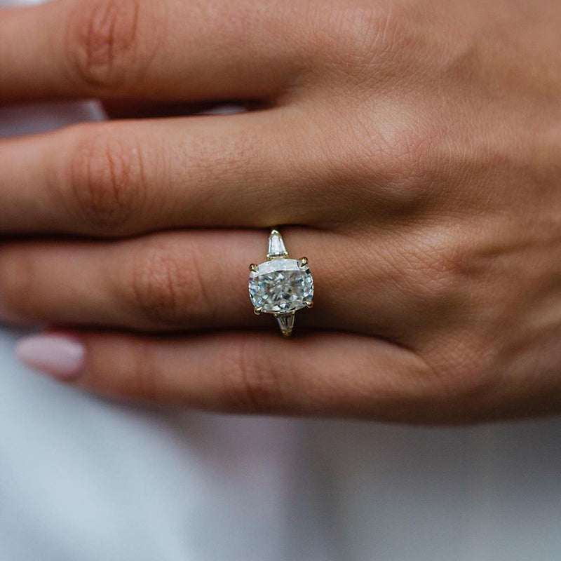 Exquisite Golden Tone Cushion Cut Three Stone Sterling Silver Engagement Ring Shineofdiamond