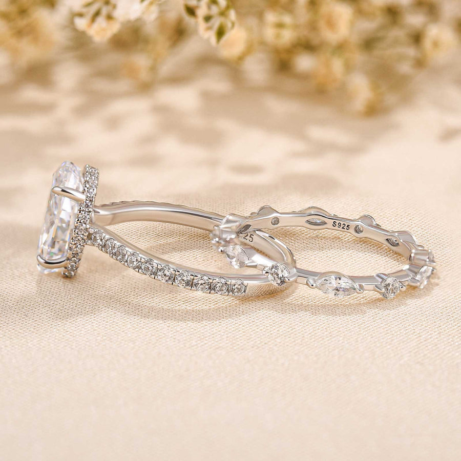 Crushed Ice Oval Cut Wedding Bridal Set In Sterling Silver Shineofdiamond