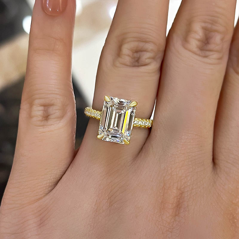 3PC Golden Tone Emerald Cut Wedding Bridal Set In Sterling Silver Shineofdiamond
