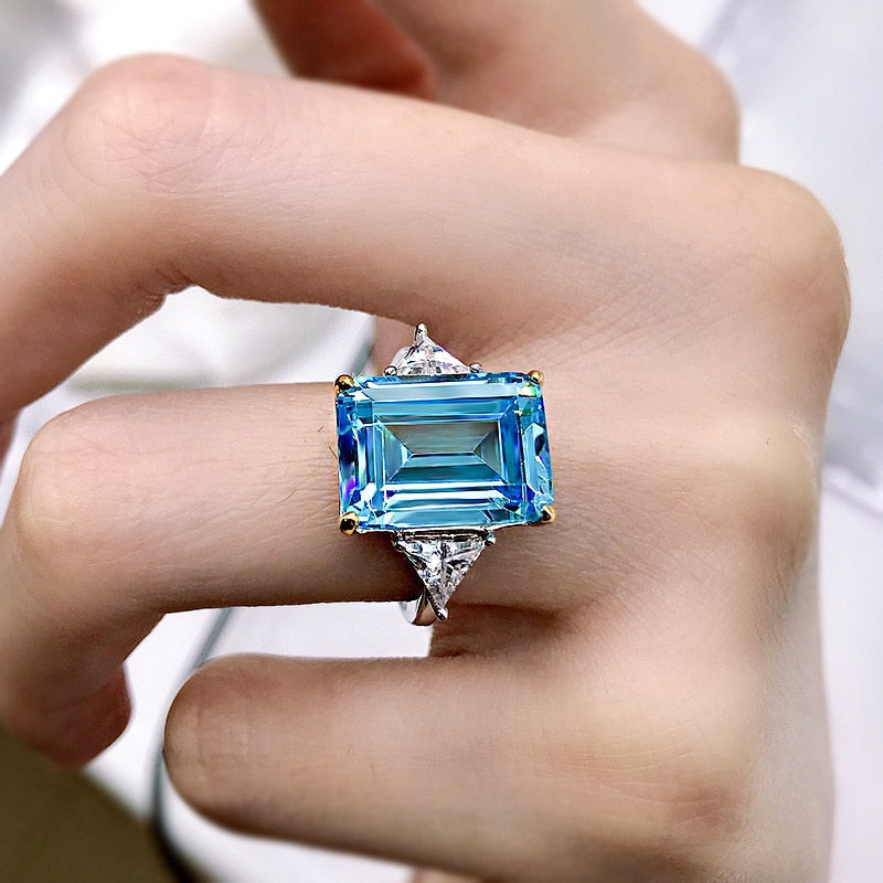Emerald Cut Sky Blue Gemstone Three Stone Sterling Silver Engagement Ring Shineofdiamond
