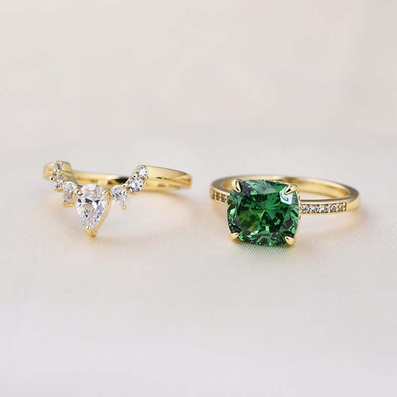Luxurious Golden Tone Cushion Cut Emerald Green Bridal Set Sterling Silver Shineofdiamond