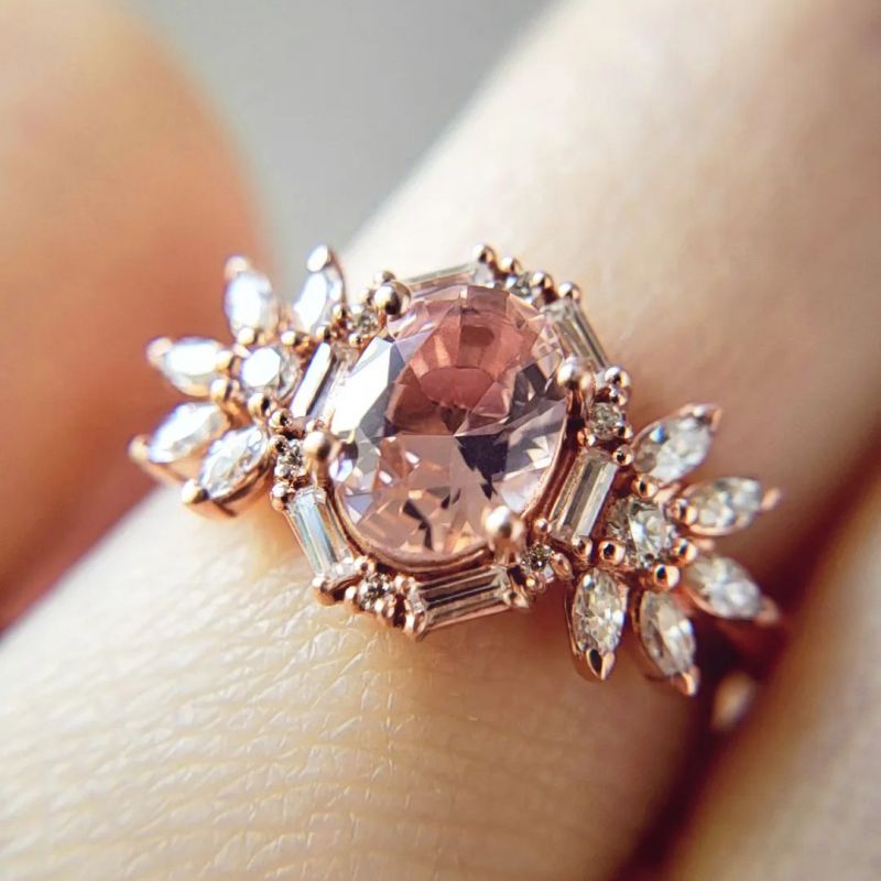 Vintage Halo Rose Golden Pink Oval Cut Sterling Silver Engagement Ring Shineofidamond