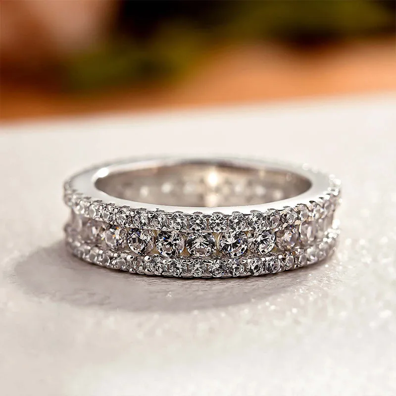 Stunning 3 Row Design Round Cut Sterling Silver Wedding Band Shineofdiamond