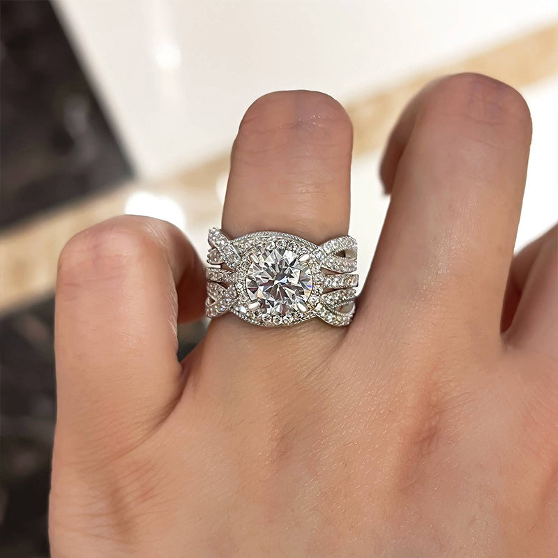 Halo Round Cut Insert Wedding Bridal Set In Sterling Silver Shineofidamond
