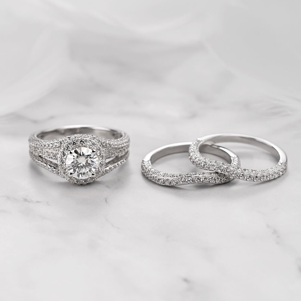 2.85CT 3-Piece Halo Round Cut Sterling Silver Bridal Sets Shineofdiamond