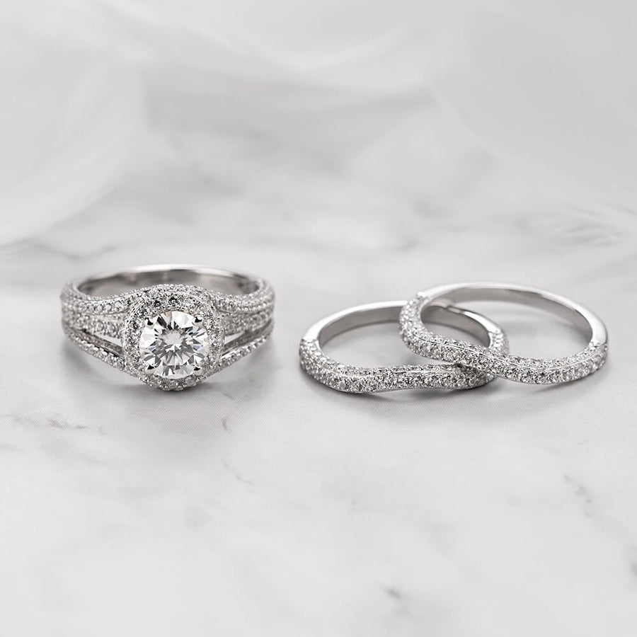 2.85CT 3-Piece Halo Round Cut Sterling Silver Bridal Sets Shineofdiamond