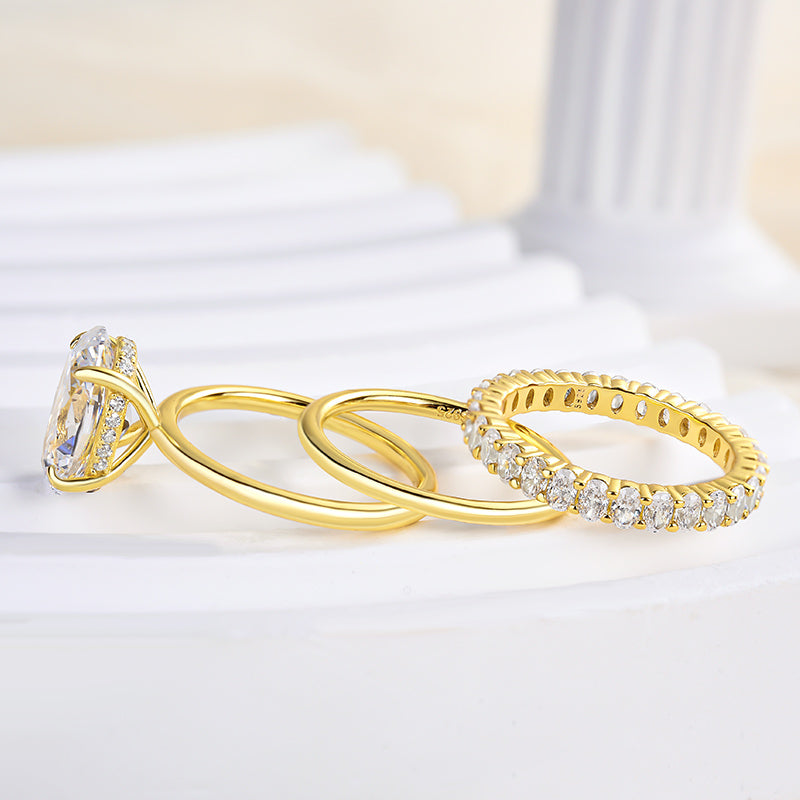 Luxurious 3PCS Golden Tone Oval Cut  Sterling Silver Wedding Bridal Set shineofdiamond