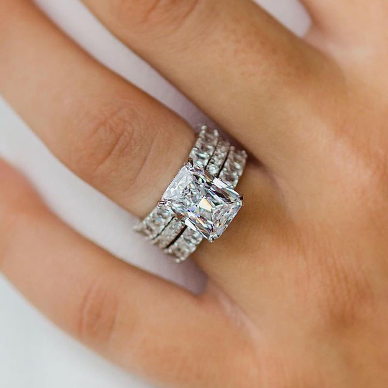 Luxurious 3PCS Radiant Cut Sterling Silver Wedding Bridal Set Shineofdiamond