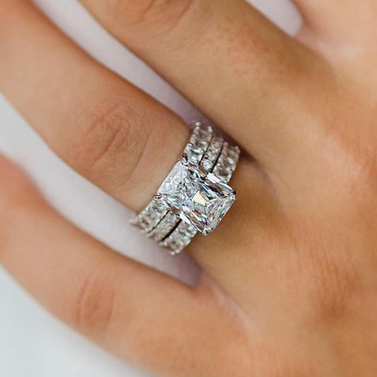 Luxurious 3PCS Radiant Cut Sterling Silver Wedding Bridal Set Shineofdiamond