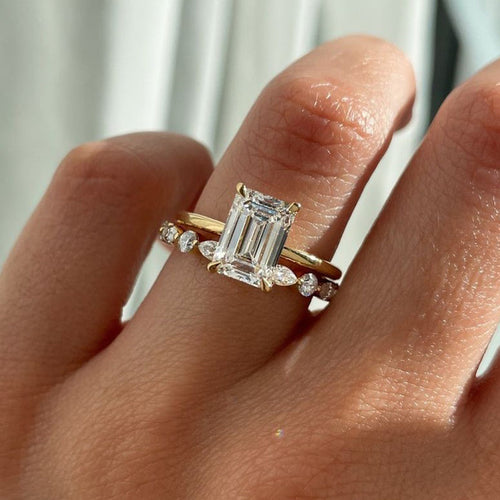 2pcs Exclusive Golden Tone Emerald Cut Bridal Set For Women In Sterling Silver Shineofdiamond
