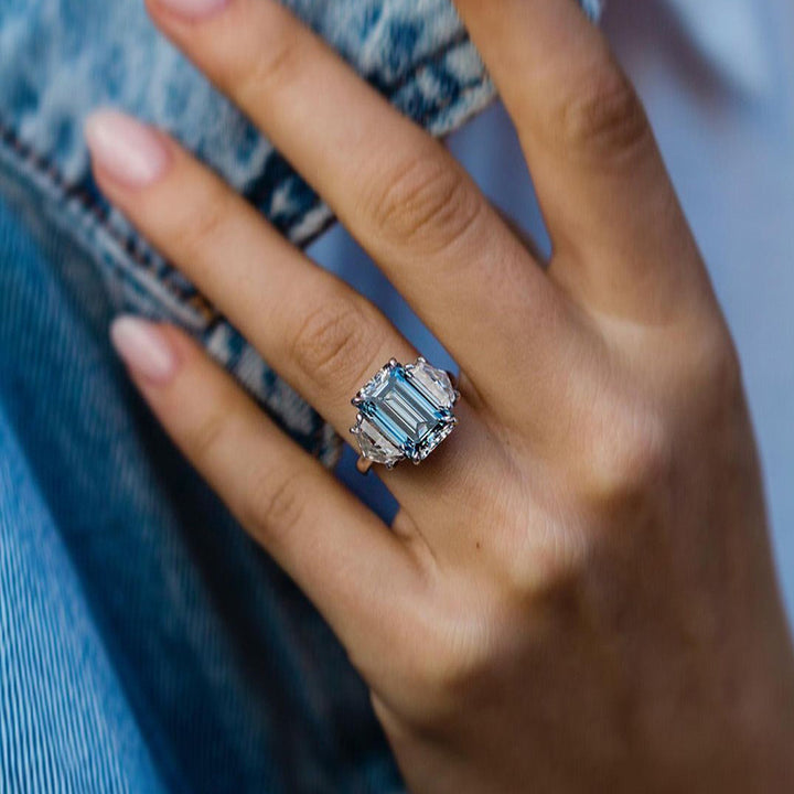 Light Aquamarine Emerald Cut Three Stone Engagement Ring In Sterling Silver hot