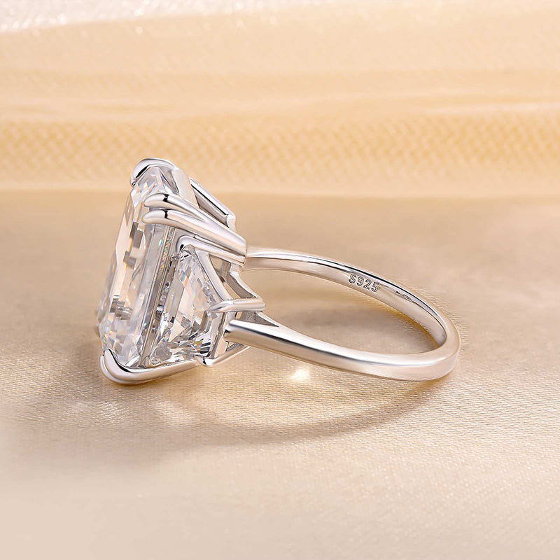 Gorgeous Emerald Cut Three Stone Engagement Ring In Sterling Silver Shineofdiamond