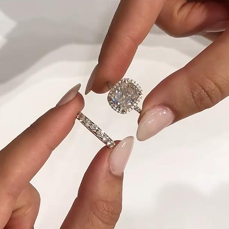 Stunning Halo Cushion Cut Sterling Silver Bridal Set shine of diamond