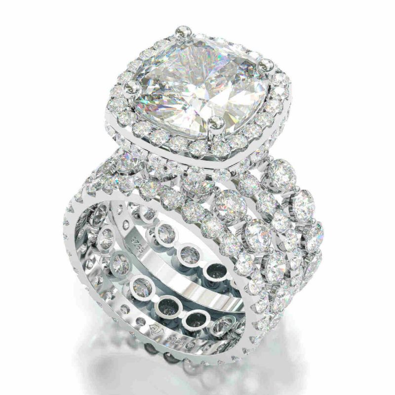 4 Pcs Vintage Handmade Cushion Cut Halo Sterling Silver Bridal Set Shineofdiamond