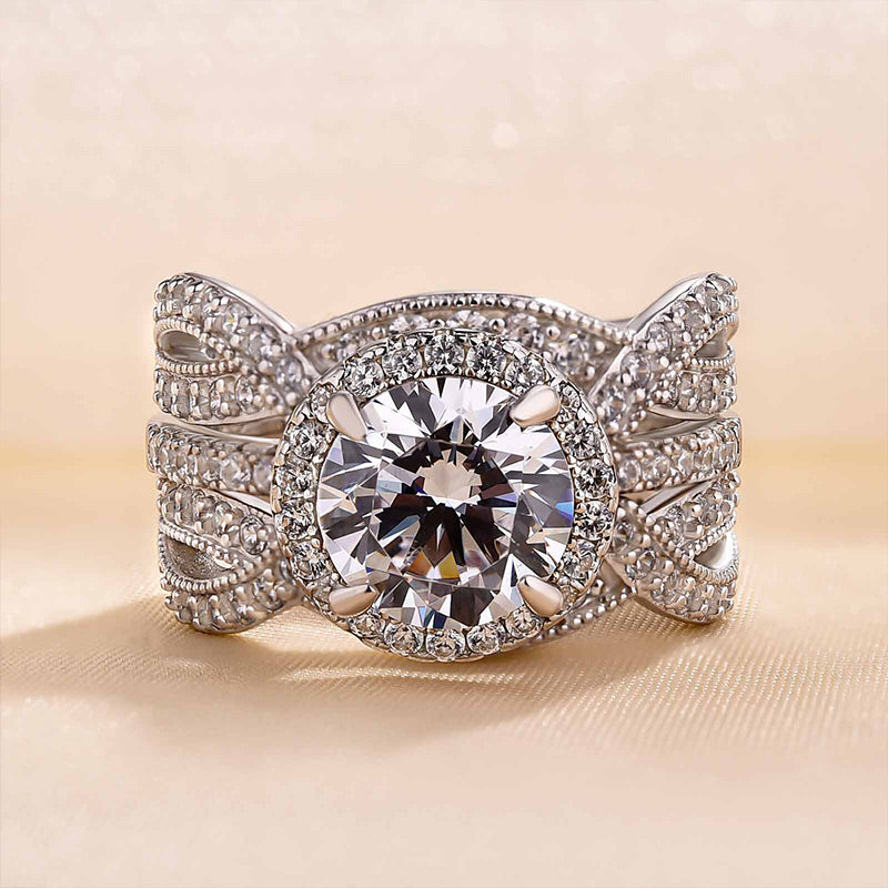 Halo Round Cut Insert Wedding Bridal Set In Sterling Silver Shineofidamond