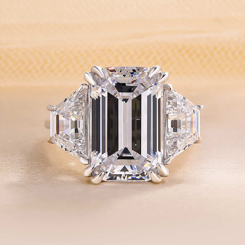 Gorgeous Emerald Cut Three Stone Engagement Ring In Sterling Silver Shineofdiamond