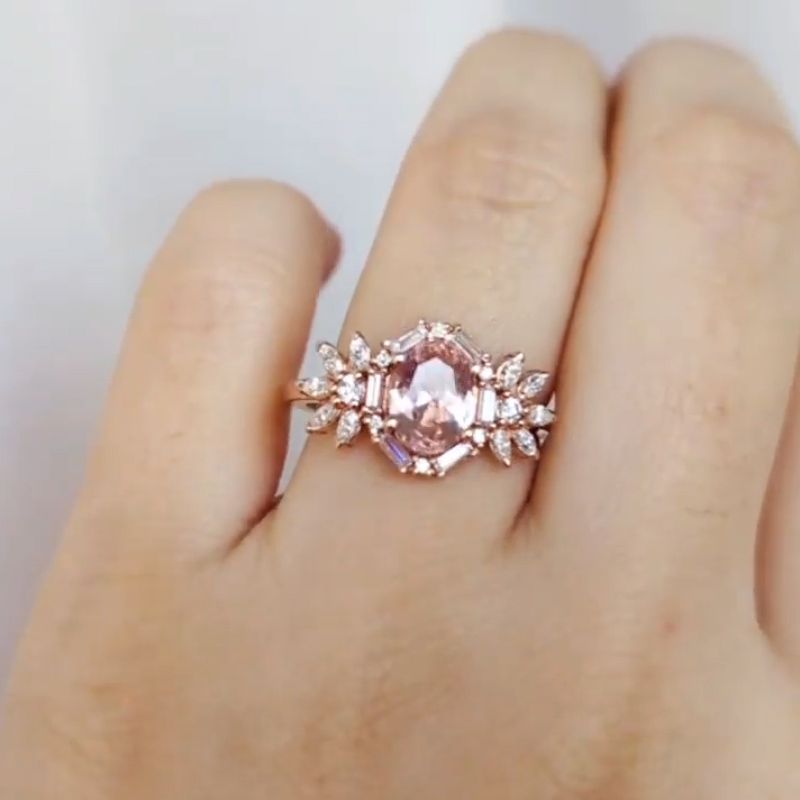 Vintage Halo Rose Golden Pink Oval Cut Sterling Silver Engagement Ring Shineofidamond