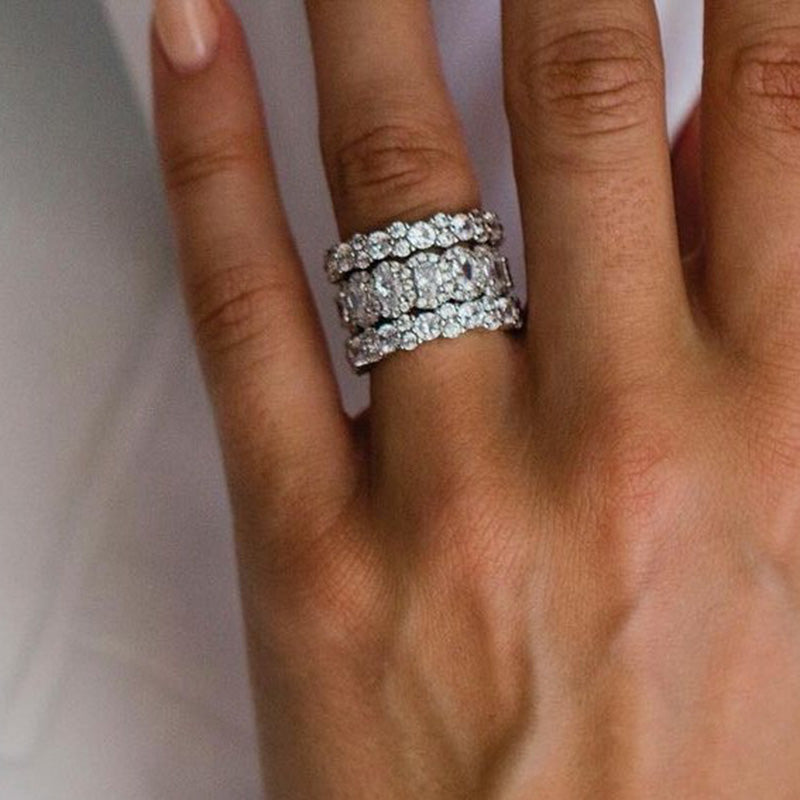 Gorgeous 3pcs Oval & Round Cut Sterling Silver Wedding Band Set Shineofdiamond
