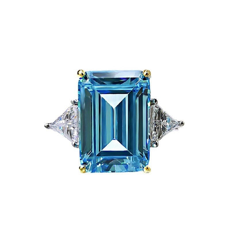 Emerald Cut Sky Blue Gemstone Three Stone Sterling Silver Engagement Ring Shineofdiamond