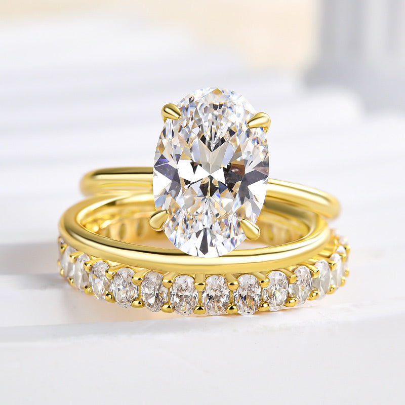 Luxurious 3PCS Golden Tone Oval Cut  Sterling Silver Wedding Bridal Set shineofdiamond