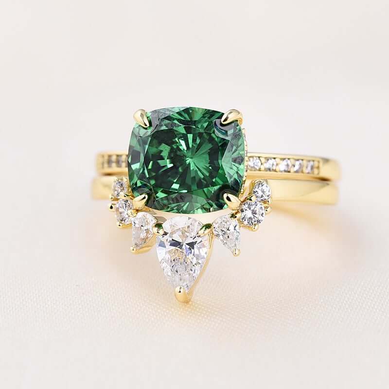 Luxurious Golden Tone Cushion Cut Emerald Green Bridal Set Sterling Silver Shineofdiamond