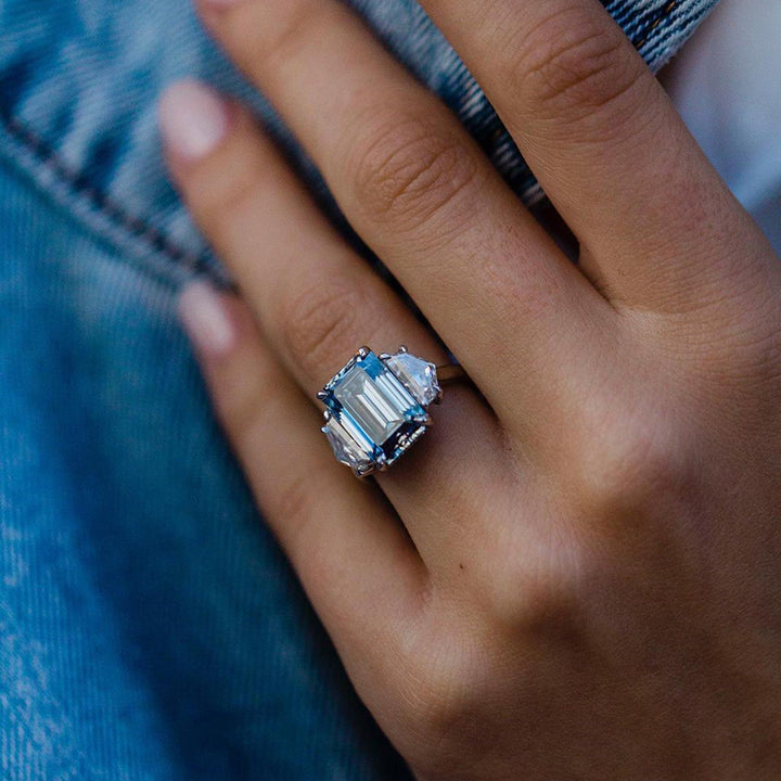 Light Aquamarine Emerald Cut Three Stone Engagement Ring In Sterling Silver hot