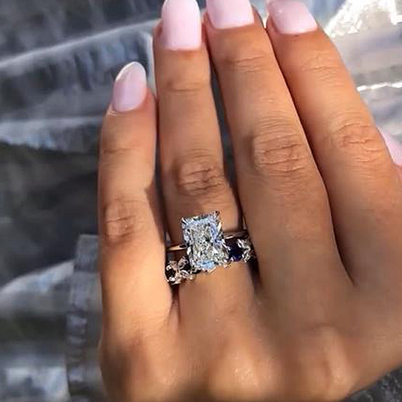 Dainty Radiant Cut Sterling Silver Bridal Set with Two Tone Band Shineofdiamond