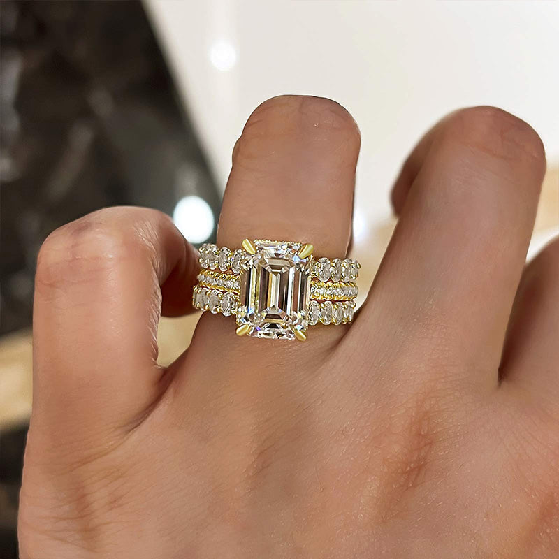 3PC Golden Tone Emerald Cut Wedding Bridal Set In Sterling Silver Shineofdiamond