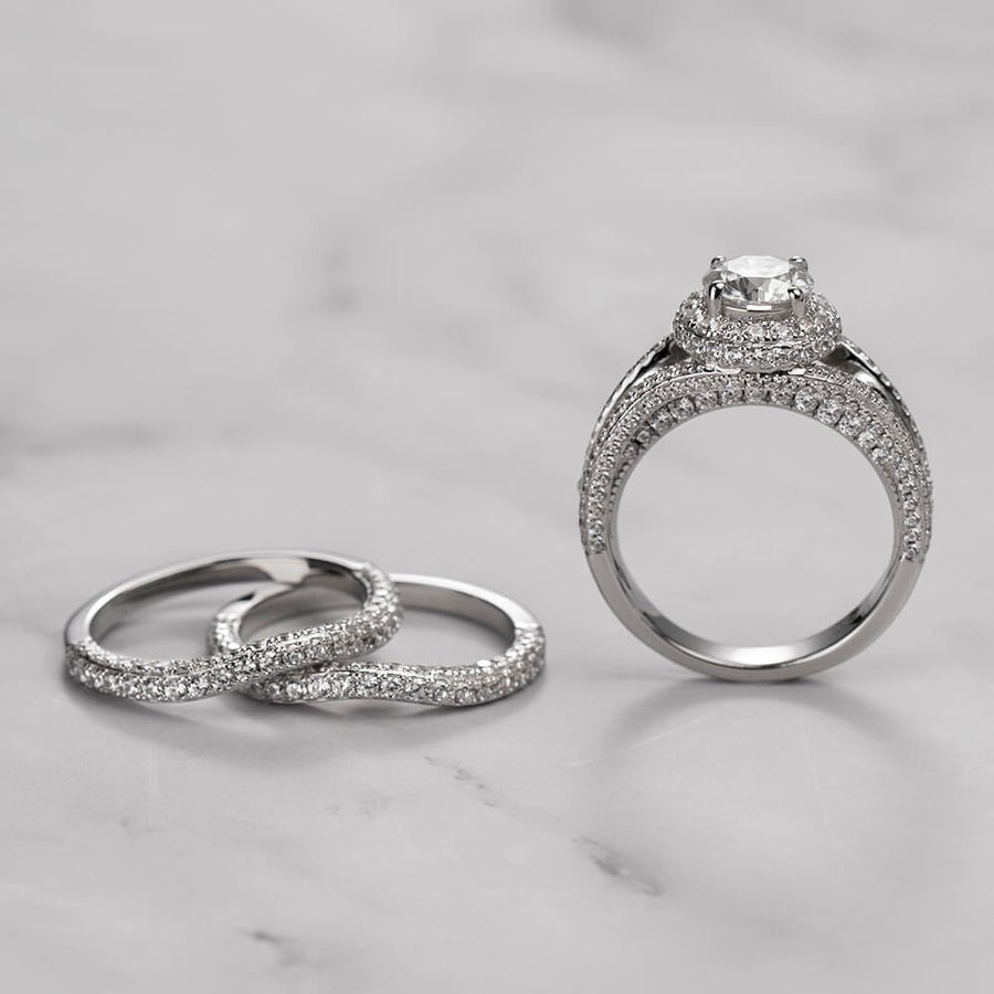 2.85CT 3-Piece Halo Round Cut Sterling Silver Bridal Sets Shineofdiamond