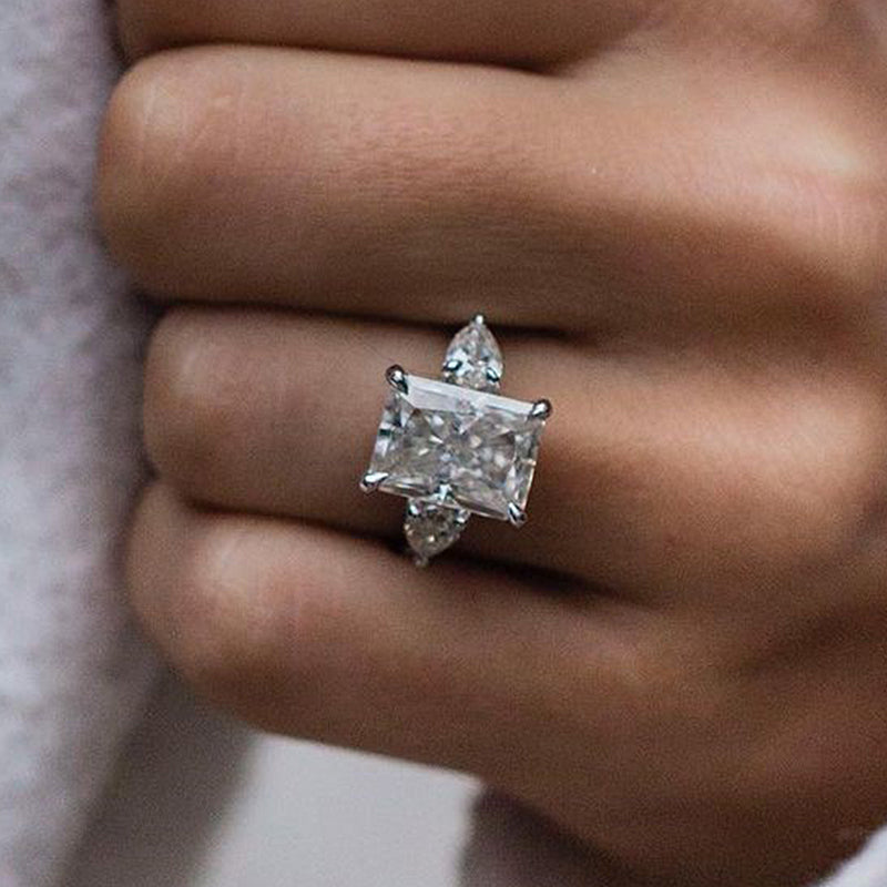 Exquisite Radiant Cut Three Stone Engagement Ring In Sterling Silver Shineofdiamond