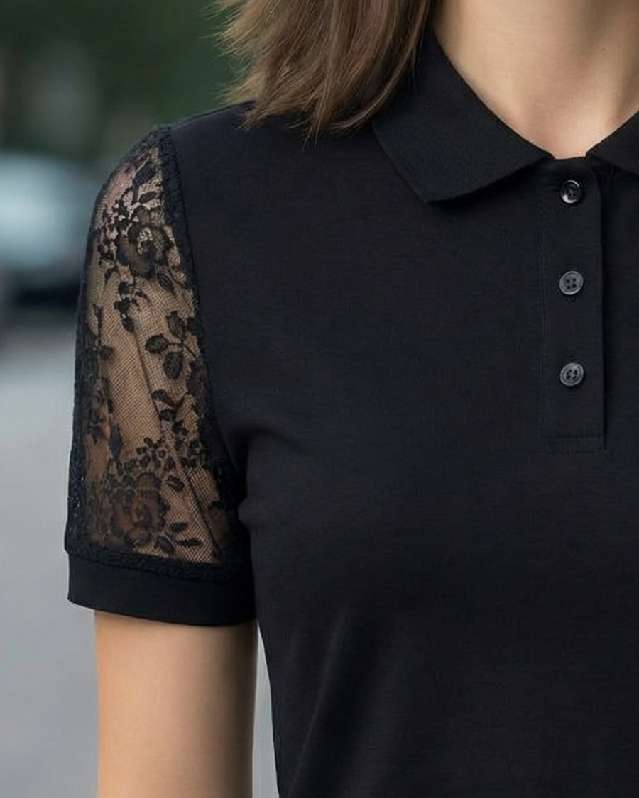 Lace Short Sleeve Blouse With Pointed Collar