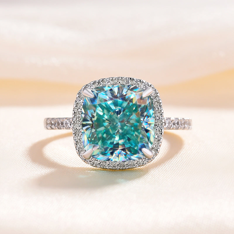 Exquisite Halo Cushion Cut Cyan Blue Sterling Silver Engagement Ring Shineofdiamond