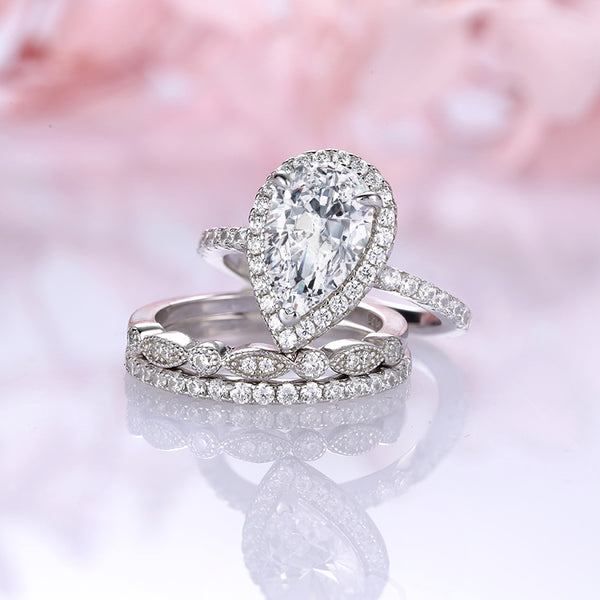 3-Pieces Halo Pear Cut Wedding Bridal Ring Set In Sterling Silver Shineofdiamond