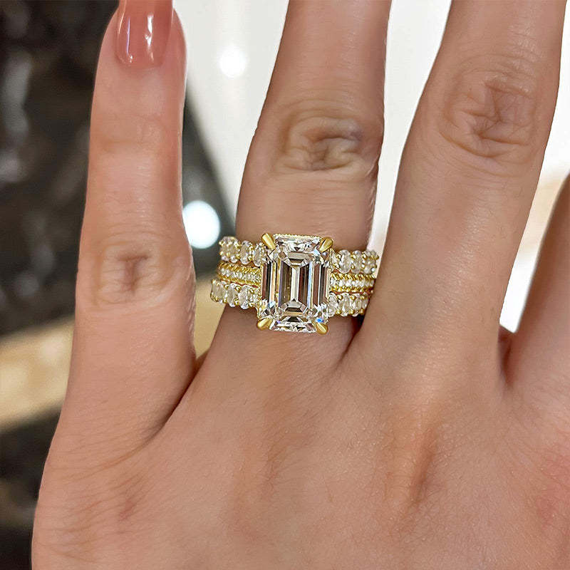 3PC Golden Tone Emerald Cut Wedding Bridal Set In Sterling Silver Shineofdiamond