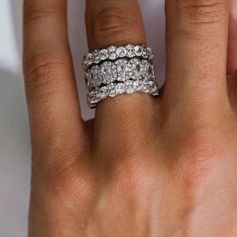 Gorgeous 3pcs Oval & Round Cut Sterling Silver Wedding Band Set Shineofdiamond